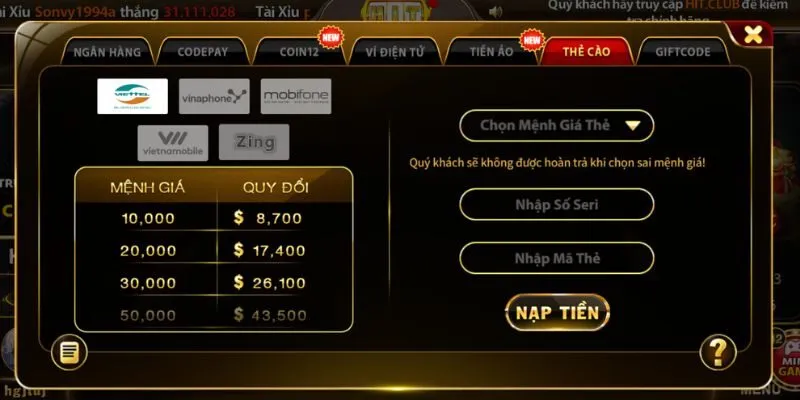 Gửi vốn bằng thẻ cào