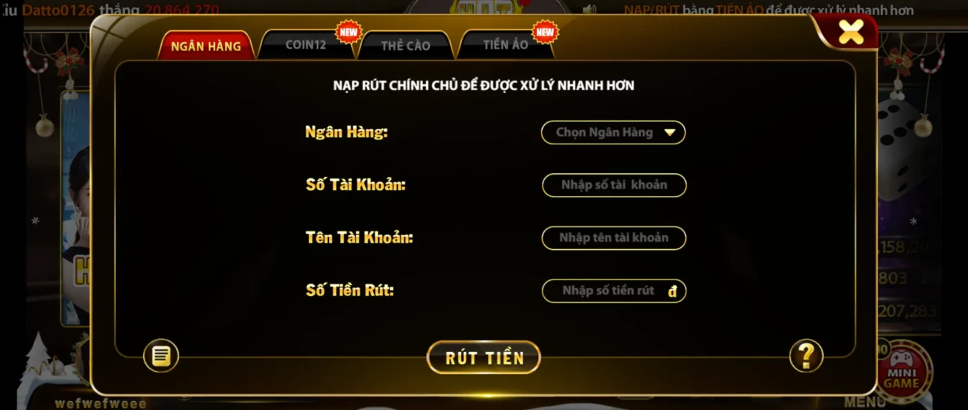 Thực hiện rút tiền đơn giản tại Hitclub
