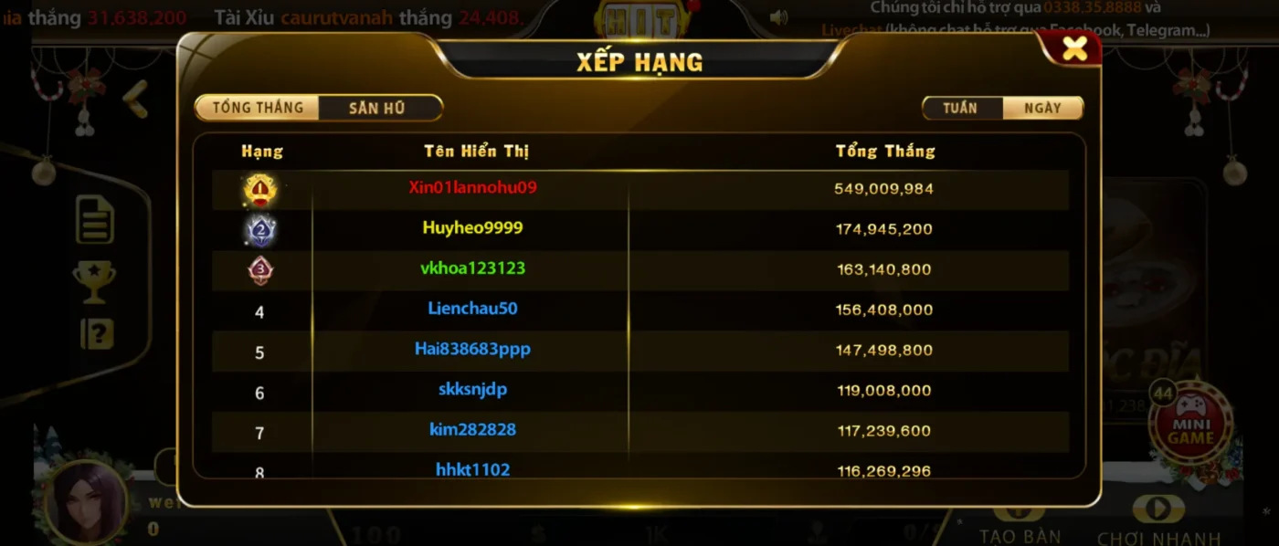 Bảng xếp hạng top người chơi tại Xóc Đĩa Hitclub
