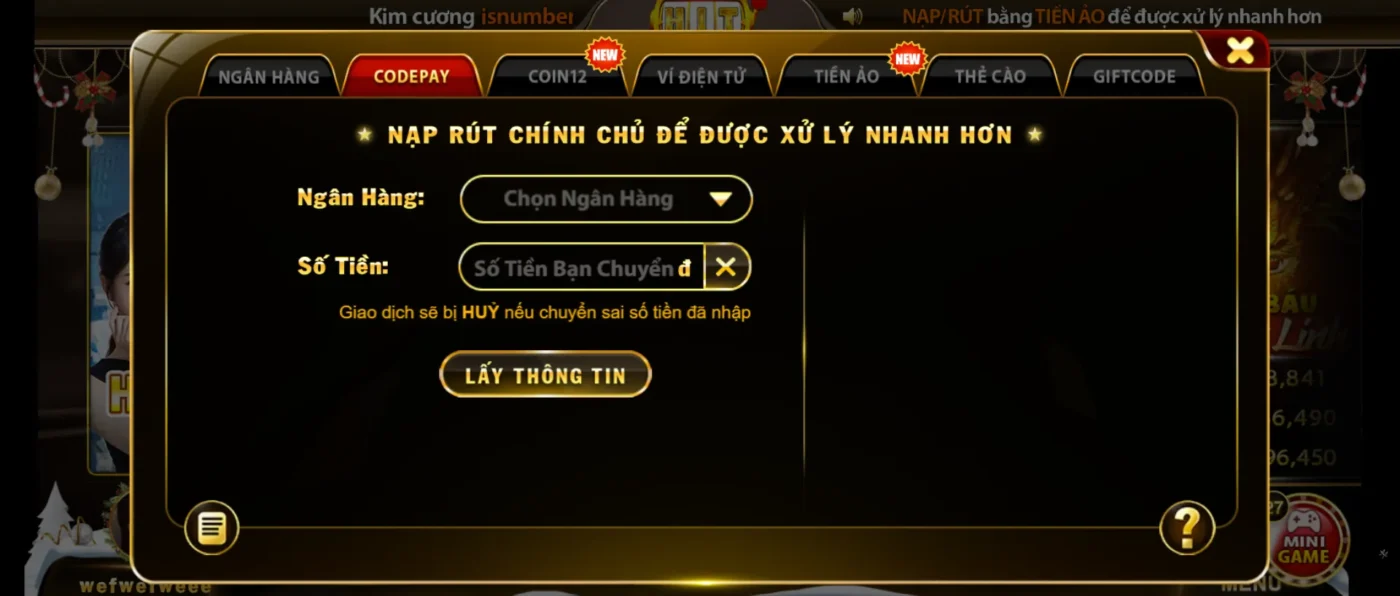Thực hiện nạp tiền tham gia với đa dạng phương thức