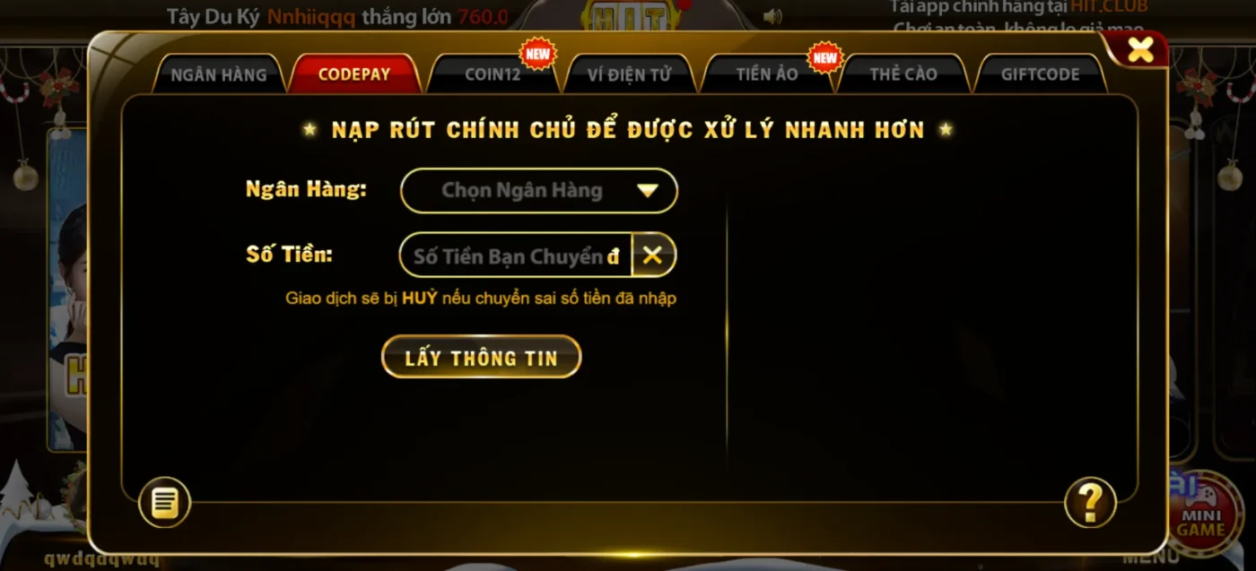 Thực hiện nạp/rút tiền thuận lợi cùng Hitclub