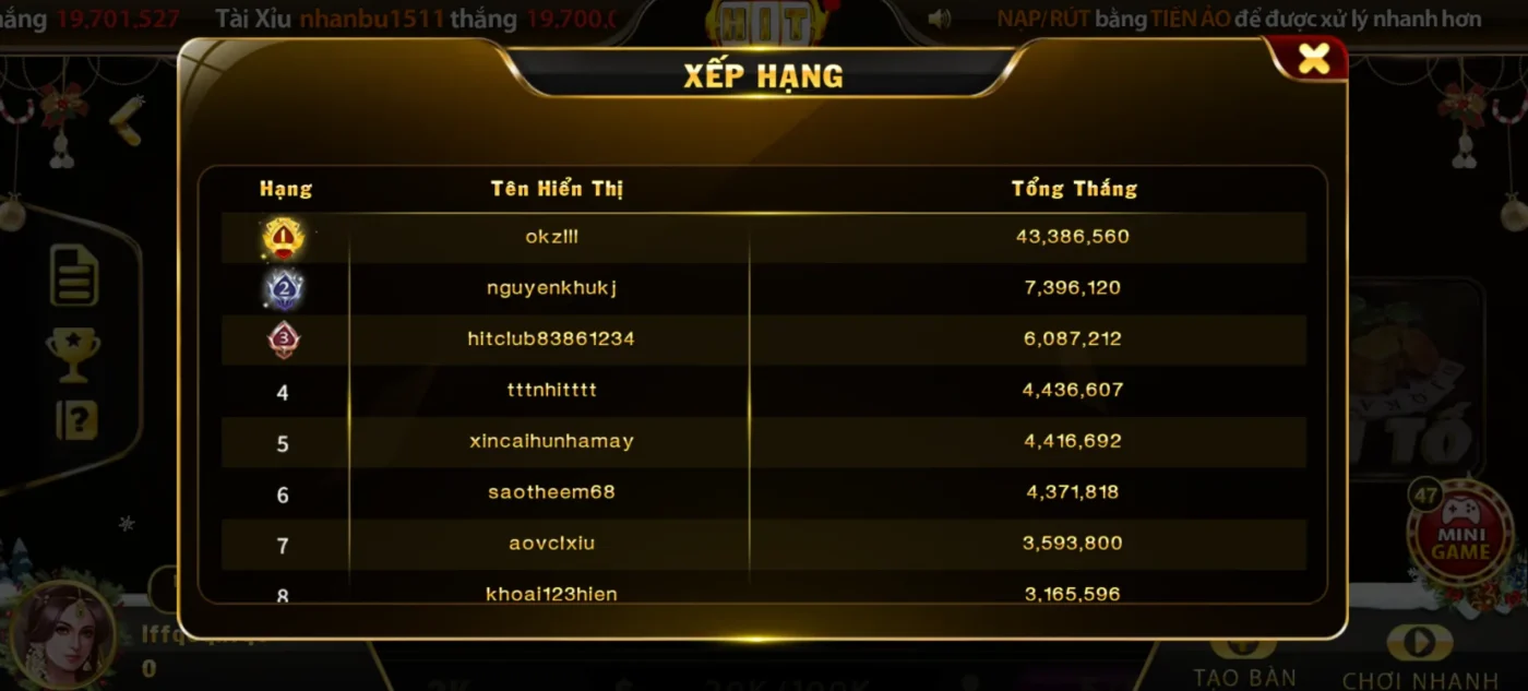 Xếp hạng top người chơi tại game bài Xì Tố