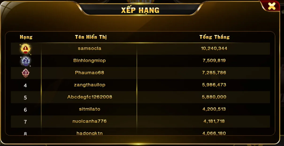 Bảng vinh danh tại bài Liêng - Hit club