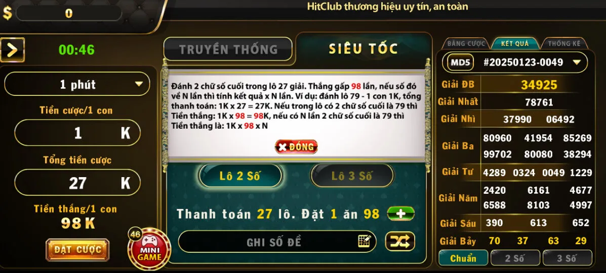Lô đề siêu tốc tại Hit club và bảng chọn số