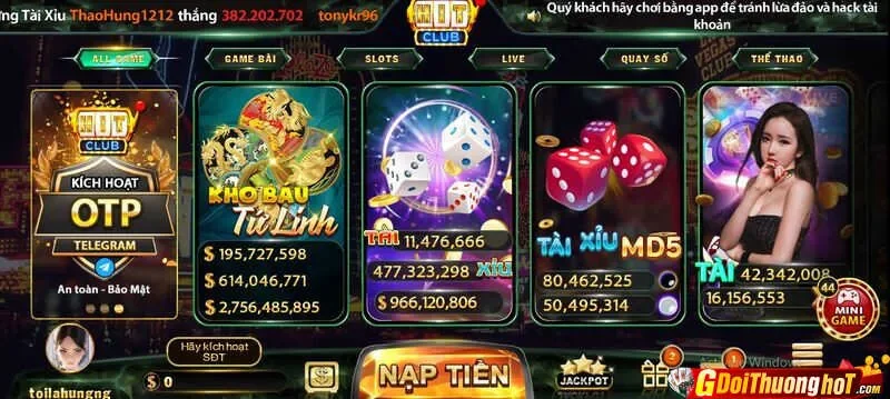 Có rất nhiều game để chơi tại Hit Club
